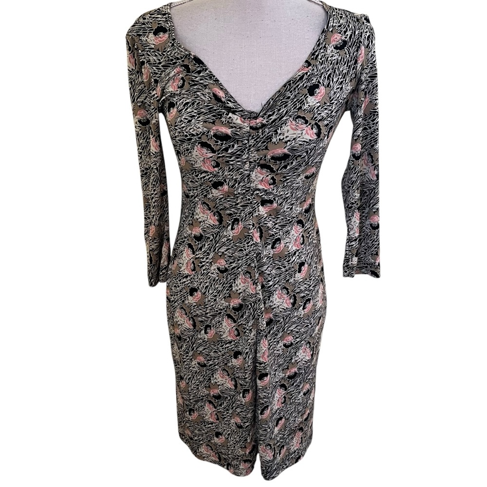 BCBG Black with Pink Floral Ruched Front Jersey Sheath Dress XS
